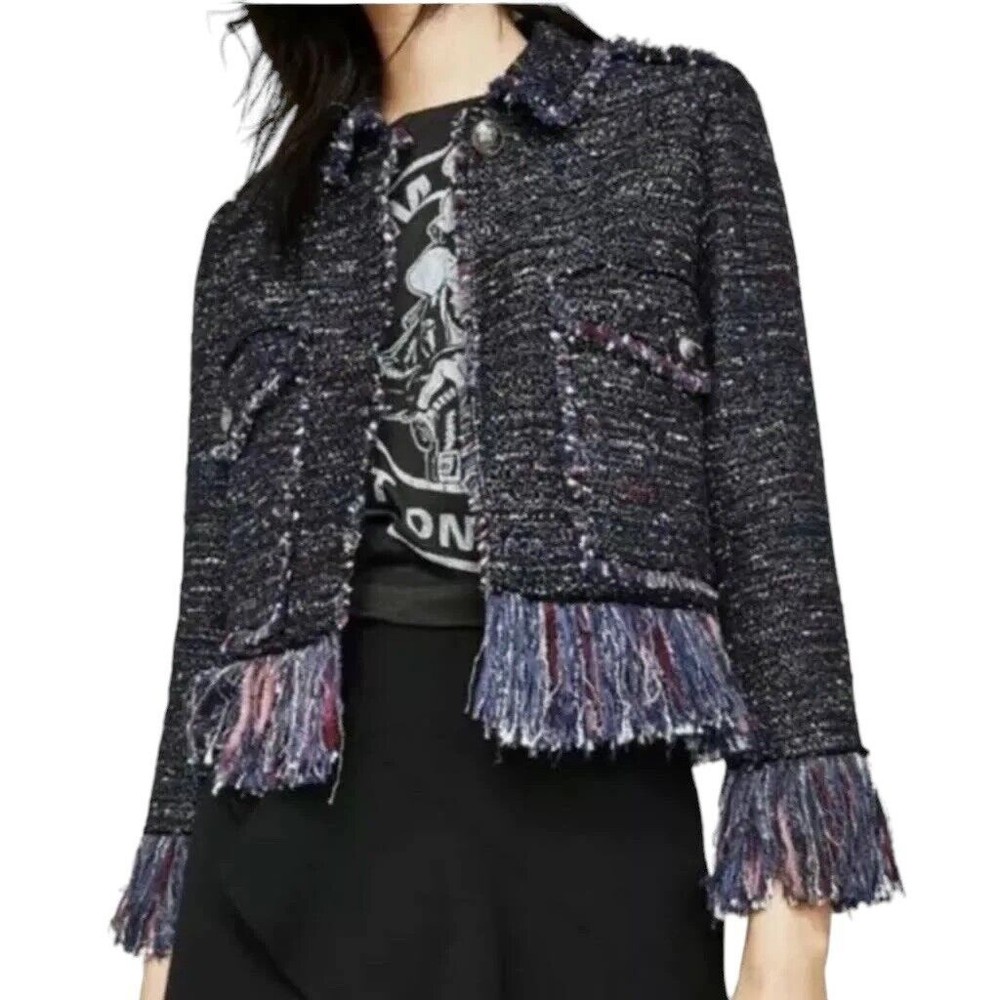 Zara Woman Fringe Tweed Blazer Blogger Favorite Style 2005/717 Frayed Hem Size S